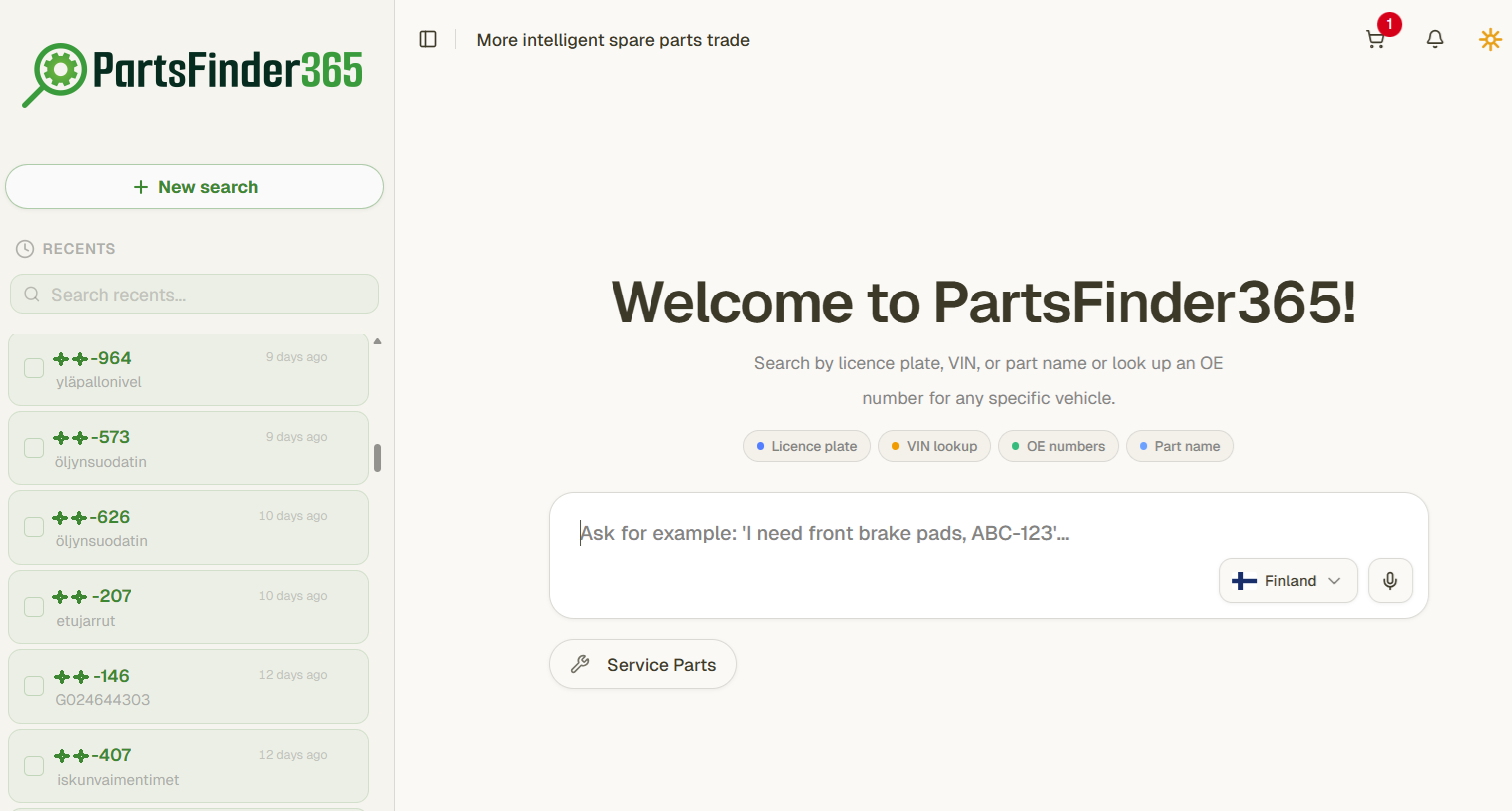 PartsFinder365-chatt: sök med registreringsnummer, VIN eller delens namn